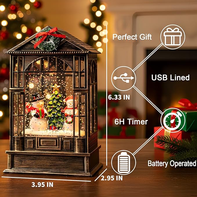 Christmas Snow Globe, Lighted Snowman Christmas Tree Scene, Musical Snow Water Lantern Swirling Glittering Holiday Decoration and Gift for Family Children or Friends