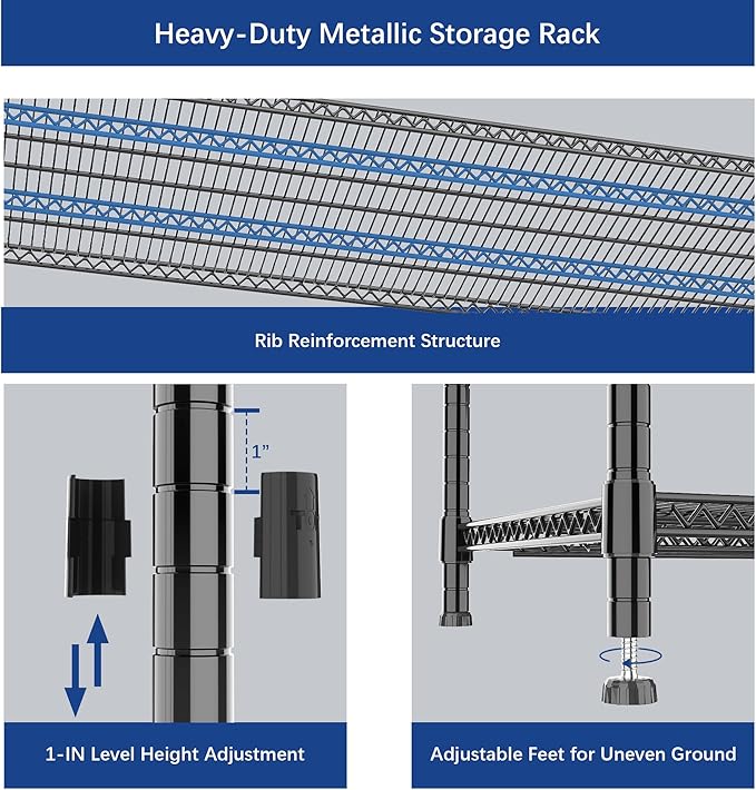 Heavy Duty Shelving, 47.6" H Garage Shelving Unit with Leveling Feet, 3-Tier Adjustable Garage Storage Shelves Metal Rack, Industrial Shelving for Warehaouse Storage, 60" W x 24" D x 47.6" H, Black