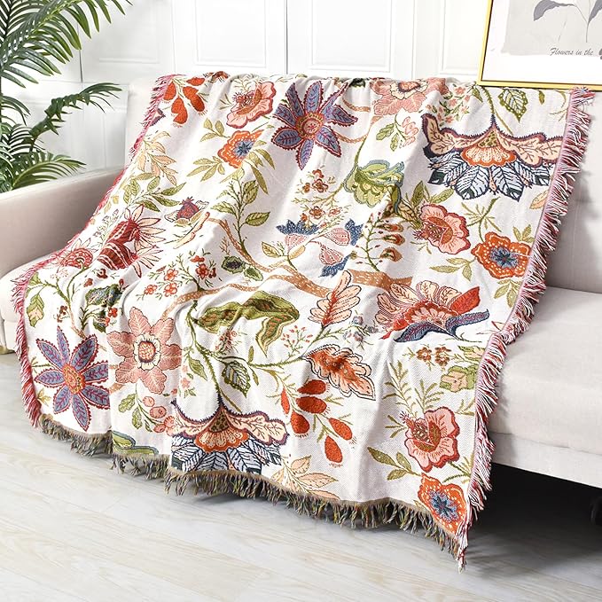 Boho Throw Blanket Reversible Cotton Bohemian Tapestry Hippie Room Decor Double Sided (Boho Flower Dark 50"x60")