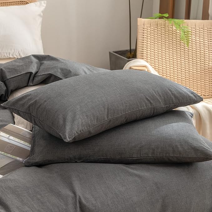 BESTOUCH Duvet Cover Set 100% Washed Cotton Linen Feel Super Soft Comfortable Chic Lightweight 3 PCs Home Bedding Set Solid Dark Grey Super King Plus