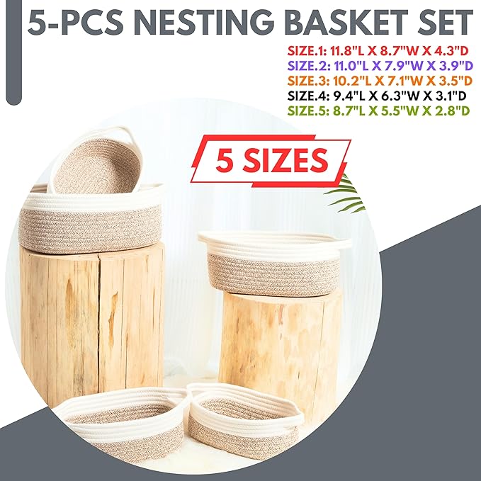 MINTWOOD Design 5-Piece Small Decorative Woven Storage Baskets Set for Shelves, Bathroom, Pantry and Nightstand Organizer, Catch All Tray for Organizing Gifts, Dog and Cat Toys, Light Brown