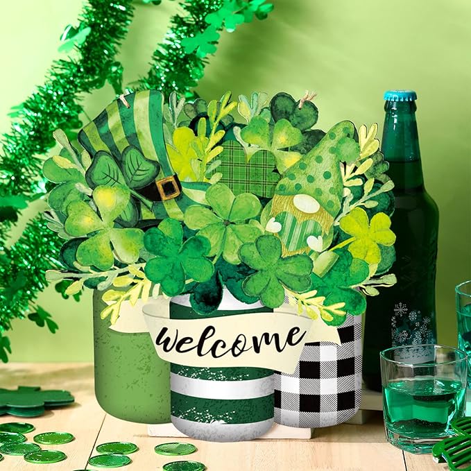 Spiareal Saint Patrick's Day Welcome Door Sign Shamrock Clover Lucky Hanging Decor St. Patrick's Day Wood Wreaths Front Door Decorations for Paddy's Irish Outdoor Farmhouse Porch