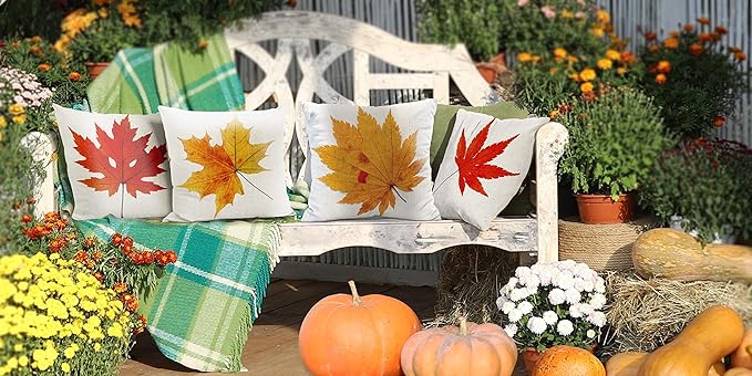 All Smiles Fall Throw Pillow Covers 18x18 Set of 4 Decorative Thanksgiving Autumn Kitchen Home Decor Cushion for Porch Couch,Outside Outdoor Harvest Decorations Maple Leaves