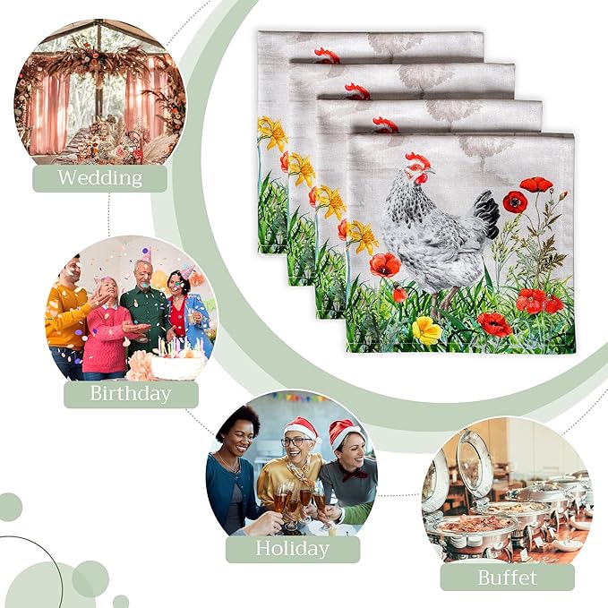 Maison d' Hermine Cloth Napkins Set of 4 100% Cotton Everyday Reusable Square Napkins Cloth Washable, Dinner, Party, Wedding, Restaurant, Spring/Summer (Basse Cour, 20" x 20")