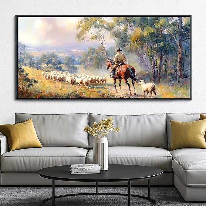 JEAWA Large Framed Canvas Painting - Western Shepherding Landscape Wall Decor, Picture with Trees, sheeps and Fine Horse, Shepherd Art Prints for Bedroom Living Room Home Decoration, 29x58 IN