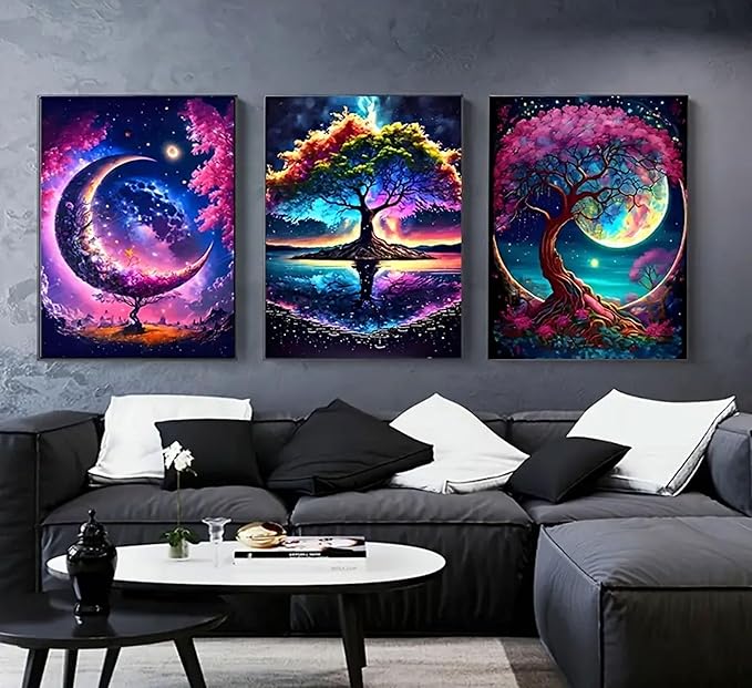 EVPYXFUT 3PCS Tree of Life Wall Art Moon Canvas Poster Romantic Starry Night Pictures Fantasy Forest Paintings Tree Life Prints Visual Modern Abstract Wall Decor for Living Room Bedroom Unframed