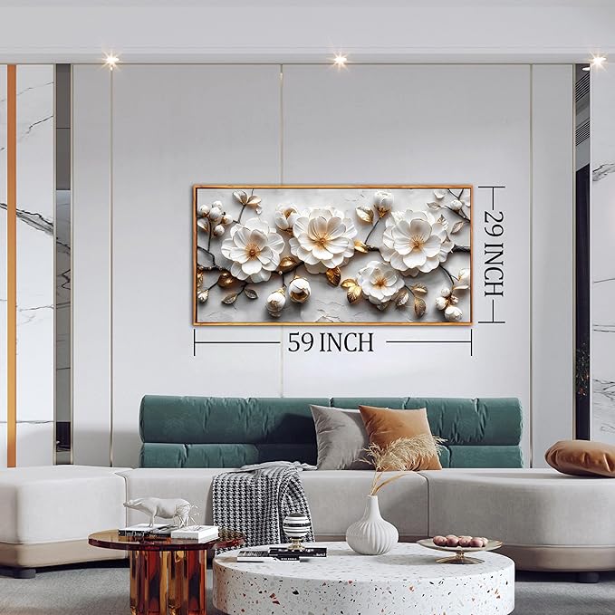 Ouzzlie Floral Wall Decorations White Pictures Modern Framed Poster Wall Art Gold Wall Decor Big Artwork 29"x 59"