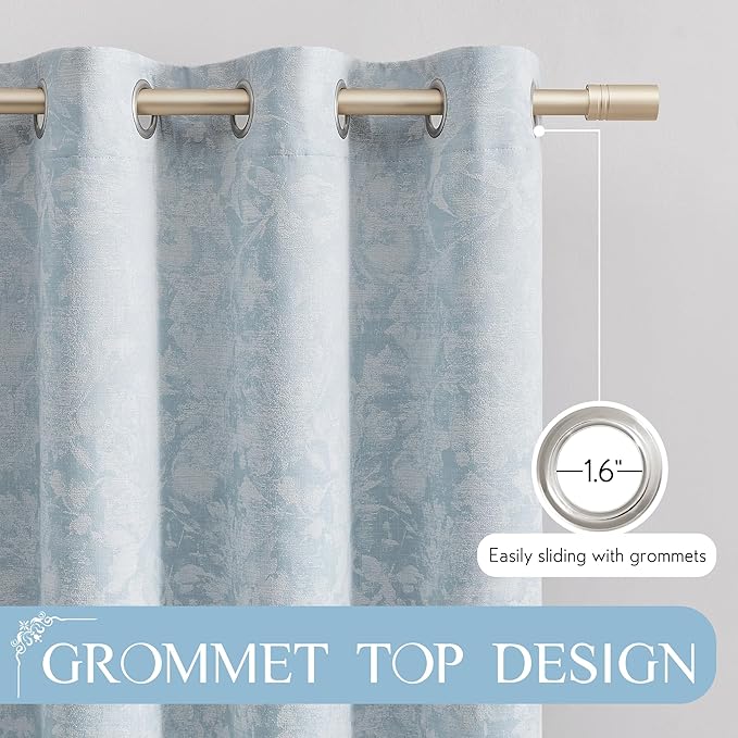 Beauoop Blue Floral Jacquard Blackout Curtains 84 Inches Long 2 Panels for Bedroom Living Room Chenille Flower Room Darkening Thermal Insulated Soundproof Grommet Window Treatments Drapes, 52x84
