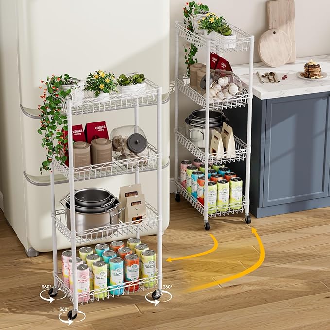 4 Tier Basket Shelf Wire Shelving Unit Adjustable Storage Shelves Big Basket Rack for Garage Kitchen Office Pantry Corner 17.2" Dx12.2 Wx50 H White