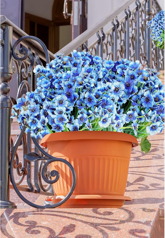AmyHomie 20 Bundles Artificial Flowers for Outdoor UV Resistant Faux Flowers No Fade Fake Plastic Plants Garden Porch Window Box Decorating(Blue)
