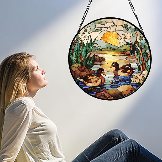 Stained Glass Window Hanging, Ducks in The Pond Sun Catcher for Door Home Decor Landscape Plant Suncatcher Christmas Mother's Day Birthday Gifts for Women Men Mom Nana 11.8 in