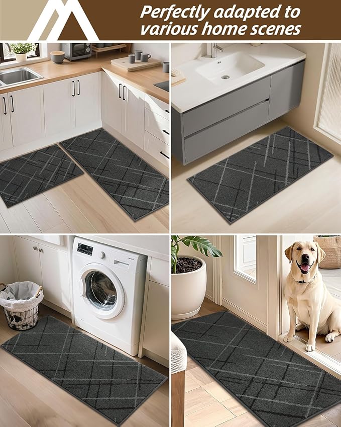 COSY HOMEER Kitchen Mats, 2 PCS Kitchen Rug Non Slip Washable, Absorbent Runner Rugs for Kitchen Floor, Polyester Kitchen Sink Rug 24"x36" + 24"x60"(Grey)