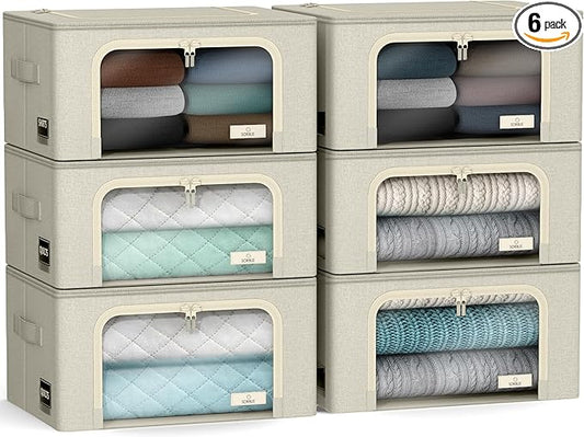 Sorbus Storage Bins with Metal Frame - Stackable & Foldable Clothes Organizer Bags - Oxford Fabric Storage Containers with Large Clear Window & Carry Handles, Bedroom Organization for Bedding & Linen