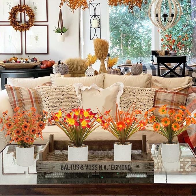Uieke 4PCS Fall Fake Potted Plants Thanksgiving Floral Arrangements Fall Decor Autumn Mini Small Artificial Potted Plants Fall Decorations for Home Harvest Wedding Tabletop Centerpieces Office Decor