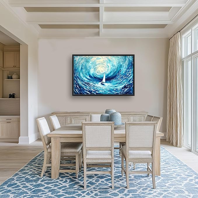 Sailboat Large Framed Wall Art Oversized Blue Sea Ocean Pictures Abstract Marine Nautical Fish Wall Decor Canvas Print Painting Aesthetic Modern Artwork for Living Room Bedroom Office Bathroom Home Decor 36L"x24W"