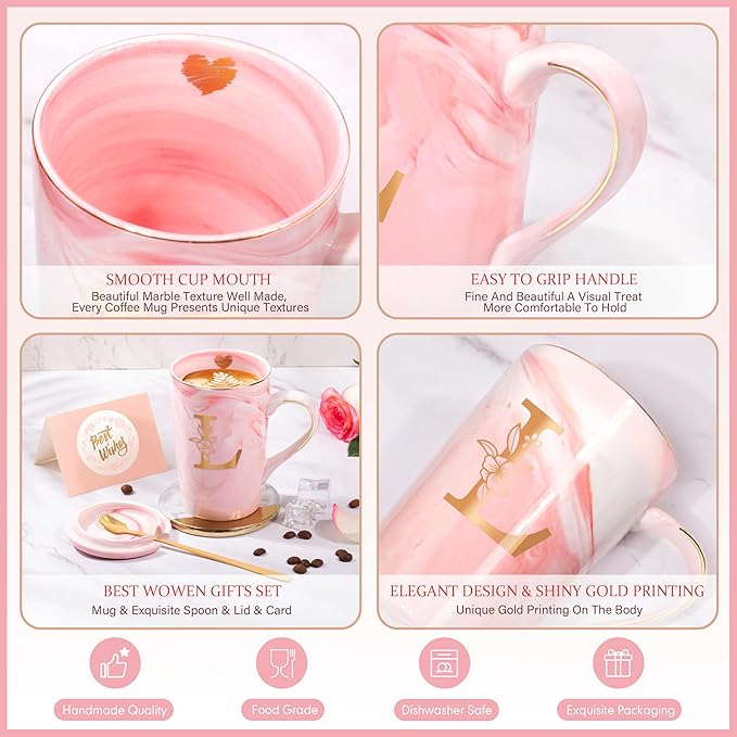 Coffee Mugs - Personalized Gifts for Women, Initial Customized Gift Ceramic Marble Cups 14 Oz Pink, Luxury Birthday Christmas Mother's Day Gift for Her Mom Grandma Girlfriend Friend Unique,L