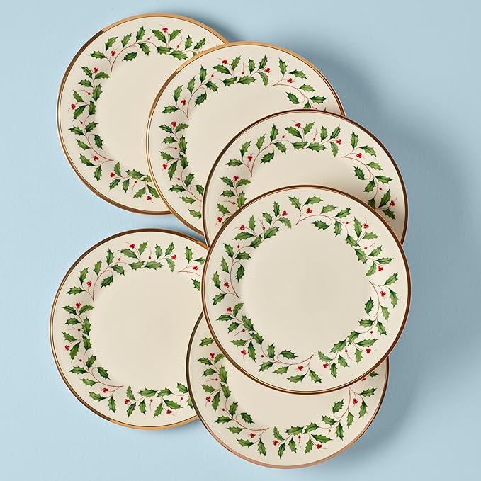 Lenox Holiday 6-Piece Dinner Plates Dinnerware Set, Service For 6, Porcelain, Dishwasher Safe, Round Plates Set, Holiday Red & Green, Perfect for Gatherings, Christmas Dinnerware (Ivory, 6 Piece)