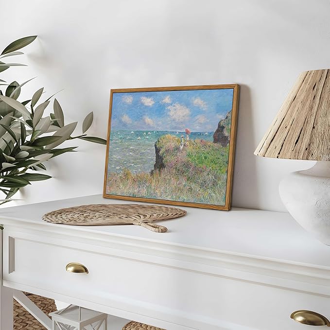 Framed Vintage Monet Wall Art Coastal Decor – Impressionist Seaside Oil Painting Canvas Prints – Nature Beach Scene Landscape Aesthetic Wall Decor for Living Room Bedroom Bathroom – 12"x16"