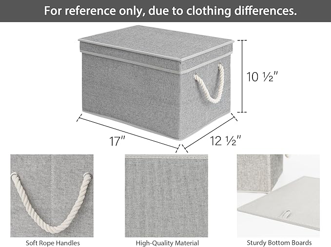 StorageWorks Storage Bins with Lids, Decorative Storage Boxes with Lid and Soft Rope Handles, Foldable Storage Baskets for Closet, Shelves, Stackable, 3-Pack, Gray, Jumbo