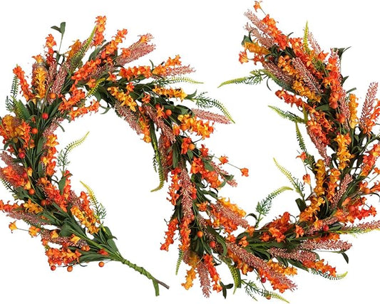 70 Inch Fall Flower Garland with Berries for Front Door, Harvest Orange Floral Wreath Garland for Indoor Outdoor, Fall Artificial Flower Garlands for Home Decor