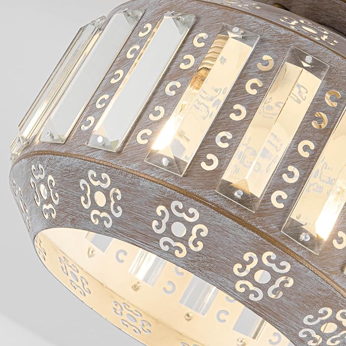 Rustic Crystal Ceiling Light, Semi Flush Mount Ceiling Light in Vintage Brass Finish, Modern Light Fixture for Bedroom, Hallway, Entryway, or Living Room