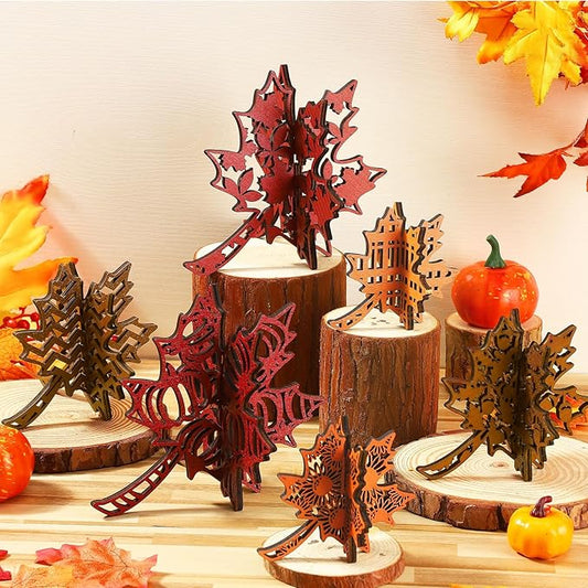 Soaoo 12 Pcs Fall Leaves Decorations Farmhouse 3D Thanksgiving Table Centerpiece Decor Wooden Maple Leaf Block Signs for Autumn Harvest Tiered Tray Party Shelf Display