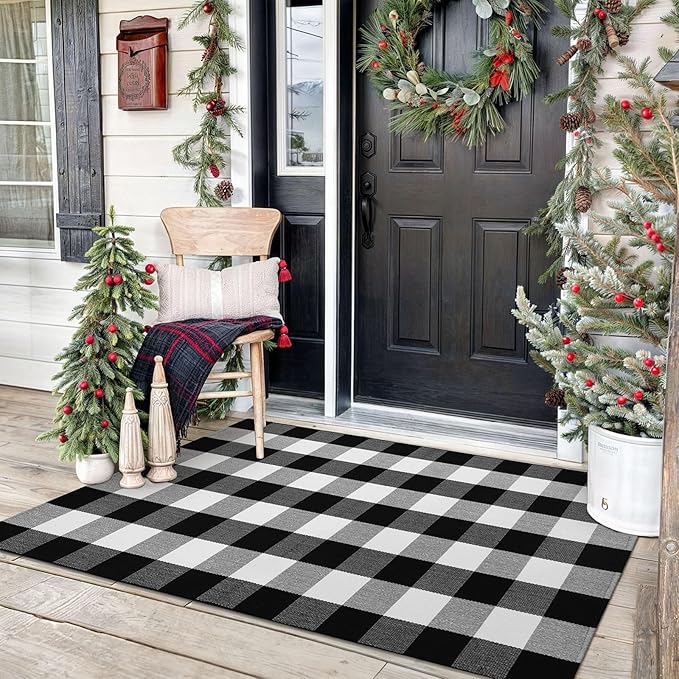 KOZYFLY Buffalo Plaid Area Rugs 3x5 Ft Black and White Checkered Rug Washable Front Door Mat Hand Woven Cotton Outdoor Rug Large Rug for Front Porch Kitchen Entryway Patio Bathroom