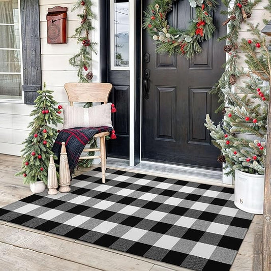 KOZYFLY Buffalo Plaid Area Rugs 3x5 Ft Black and White Checkered Rug Washable Front Door Mat Hand Woven Cotton Outdoor Rug Large Rug for Front Porch Kitchen Entryway Patio Bathroom
