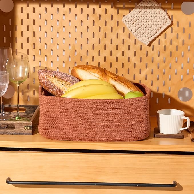 Small Storage Baskets for Organizing | Closet Organizer Bins | Shelf Toy Basket | Woven Rope Baskets | Cube Decorative Box | Shallow Basket | 13x8.5x5.1” | 4 Packs Oxide Red