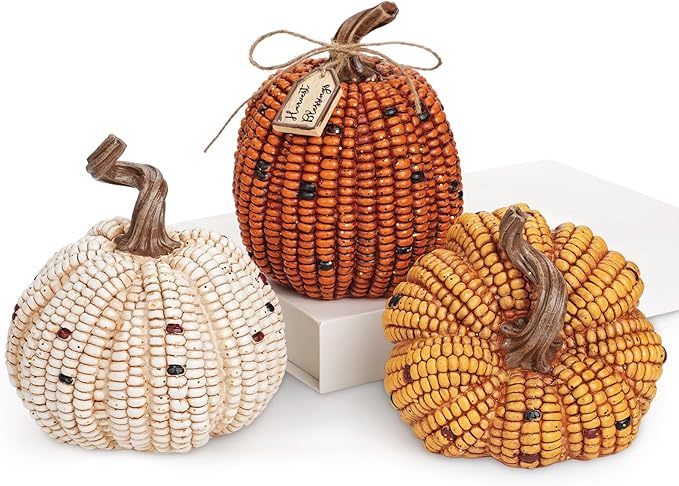 Briful 3PCS Fall Decorative Corn Pumpkin Set – Resin Harvest Pumpkins Fake Corn Pumpkins for Thanksgiving Table Centerpiece Autumn Tiered Tray Indoor Outdoor Fall Decoration