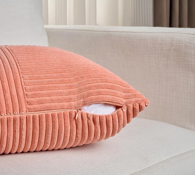 Fancy Homi 4 Packs Coral Decorative Throw Pillow Covers 20x20 Inch for Living Room Couch Bed Sofa, Rustic Farmhouse Boho Home Decor, Soft Cross Corduroy Patchwork Accent Peach Cushion Case 50x50 cm