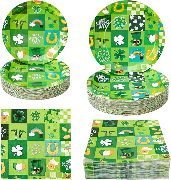 180Pcs St Patricks Day Party Supplies Paper Plates and Napkins Serve 60 Disposable Tableware Set for Birthday Party Decorations Game Day Family School Holiday Sports Events