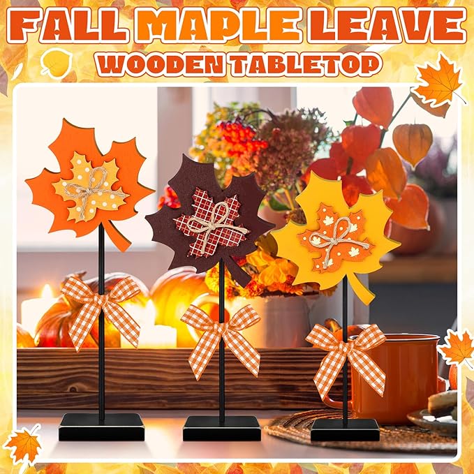 3 Pieces Large Fall Maple Leave Wooden Tabletop Sign Maple Leave Tall Standing Wood Block Autumn Table Sign for Fall Thanksgiving Tiered Tray Home Desk Office Party Decoration