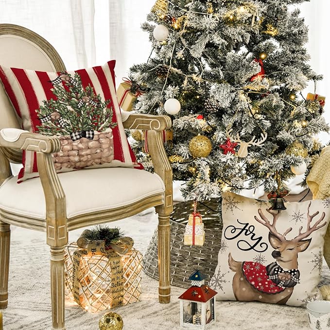 AVOIN colorlife Christmas Snowman Reindeer Gloves Eucalyptus Red Throw Pillow Covers, 18 x 18 Inch Winter Holiday Stripes Cushion Case Decoration for Sofa Couch Set of 4