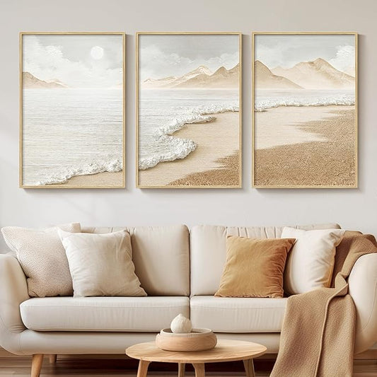 Framed Boho Beach Coastal Wall Art for Living Room, Large Neutral Abstract Coastal Canvas Artwork for Walls, 3 Piece Minimalist Ocean Picture Print for Living Room Bedroom Kitchen Wall Decor, 16x24 In