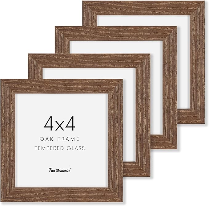 Fun Memories 4x4 Picture Frame, Solid White Oak Wood Frame 4 by 4, 4 x 4 Square Photo Frame with Tempered Real Glass, Rustic Wooden Frame 4"" x4 for Wall & Tabletop Display, Walnut Color, Set of 4