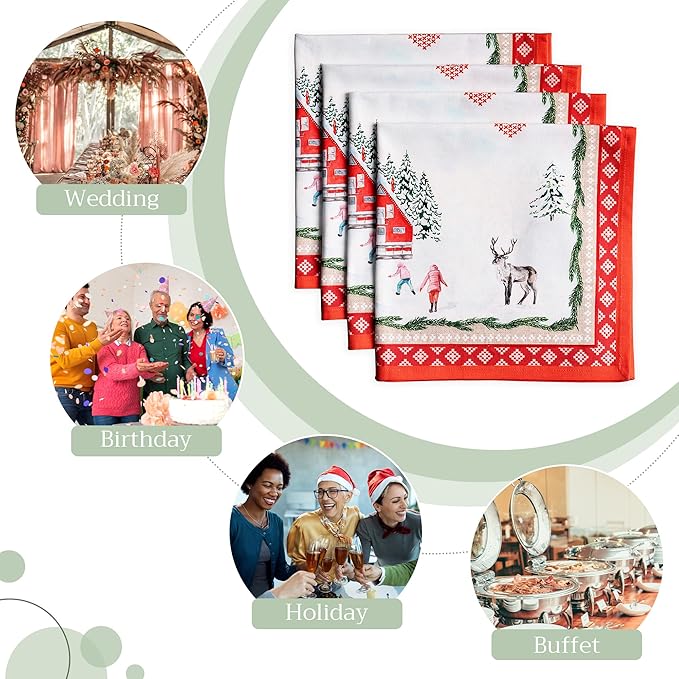 Maison d' Hermine Cloth Napkins Set of 4 100% Cotton Everyday Reusable Square Napkins Cloth Washable, Dinner, Party, Wedding, Restaurant (Rural Christmas, 20" x 20")