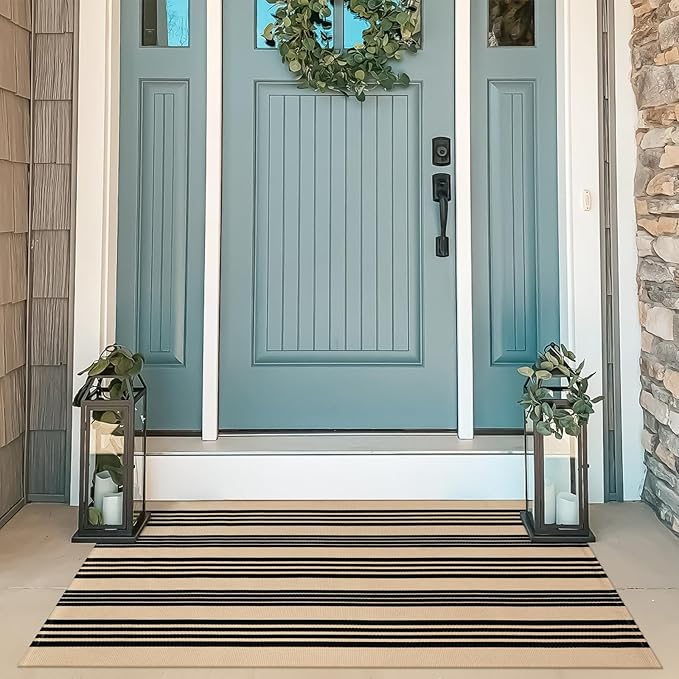 OJIA Fall Outdoor Rug 3'x5', Black and Tan Area Rug Machine Washable Rugs Cotton Hand Woven Entry Rug Indoor Outdoor Striped Carpet for Front Porch/Deck/Backyard/Camping/Living Room