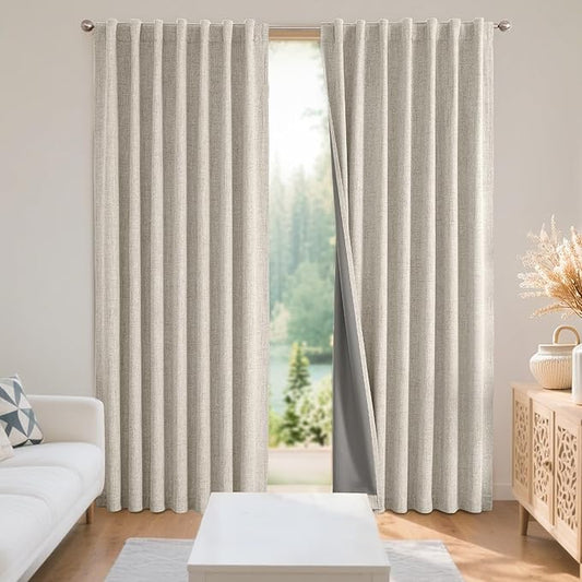Joydeco Blackout Curtains for Bedroom - 100% Light Blocking 2 Panels Light Beige Drapes 100"W x 108"L, Thermal Insulated Room Darkening Curtains, Linen Textured for Living Room, Rod Pocket & Back Tabs