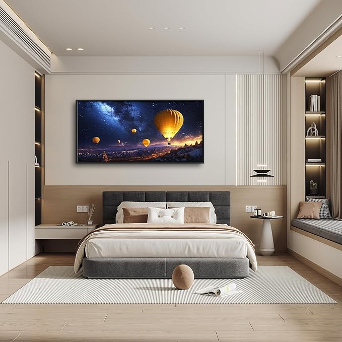 Olivine Hot Air Balloon Wall Art, Cappadocia Landscape Pictures Wall Decor, Night Adventure Paintings, Travel Canvas Prints, Framed Artwork for Bathroom Bedroom Living Room Office Home 60"x30"