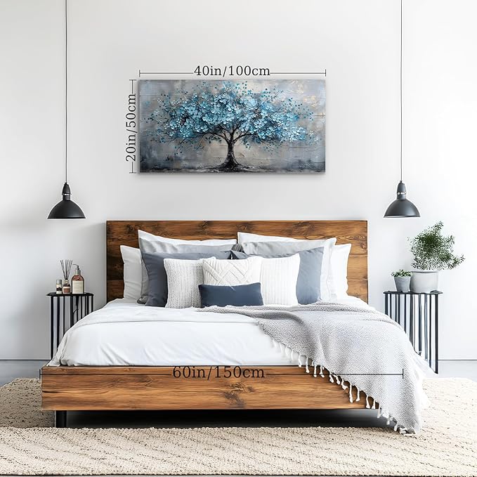 crmotu Tree of Life Large Wall Art, Cherry Blossom Canvas Oil Paintings, Abstract Blue Tree Art Prints, Teal Modern Home Wall Decor Living Room Bedroom Pictures, Neutral Office Decor Artwork 20"X40"