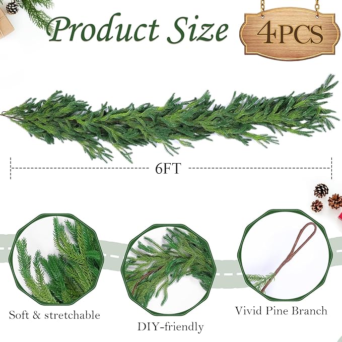 4 Pcs 6 Ft Christmas Norfolk Pine Garlands, Faux Pine Garland, Realistic Green Fake Greenery Garland for Christmas Table, Mantle, Wall, Indoor, Outdoor Holiday Winter Decorations (4, 6 FT)
