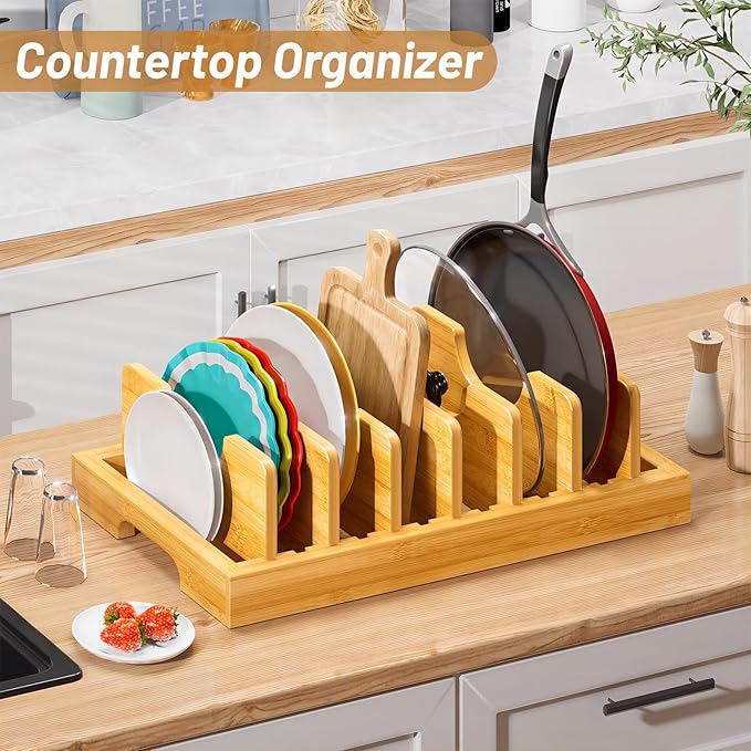Bamboo Pot and Pan Organizer, Pot Lid Organizer Holder Rack for Countertop Drawer, Kitchen Cabinet Organizer with 7 Adjustable Dividers for Pots, Pans, Baking Sheets, Cutting Boards, Nature