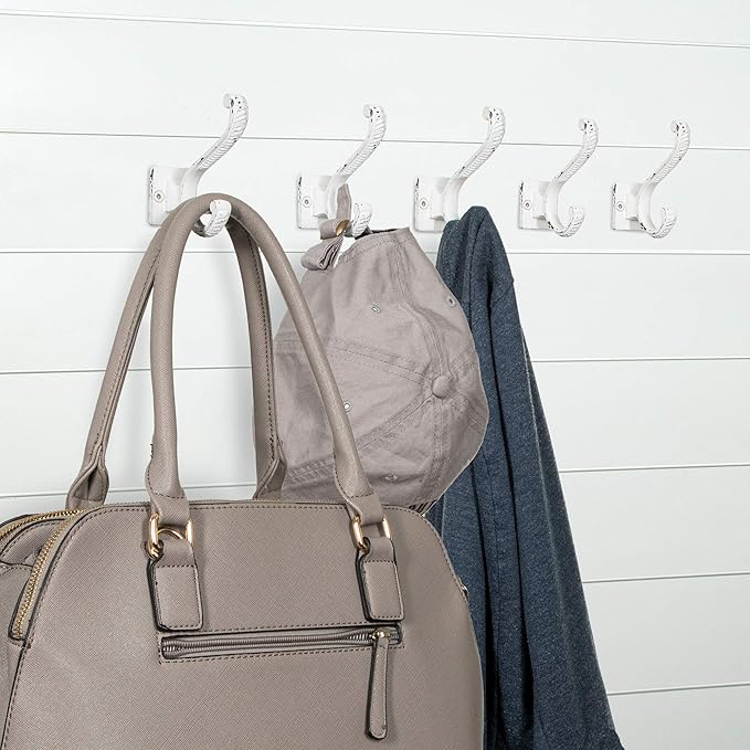 Claimed Corner Iron Scroll Coat Hooks - Wall Mounted Rustic Farmhouse Cast Iron DIY Coat Towel Hat Scarf Bag Hook - 5 Pack (Antique White)