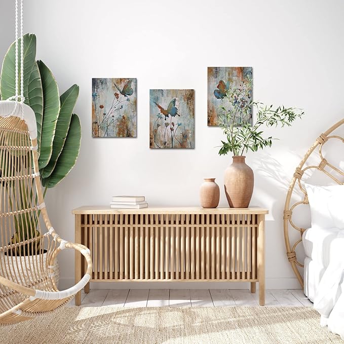 Biuteawal 3 Panel Canvas Print Teal Brown Butterfly Flower Painting Wall Art Plant Floral Picture Print on Canvas Vintage Artwork for Home Living Room Bedroom Bathroom Wall Decor Ready to Hang