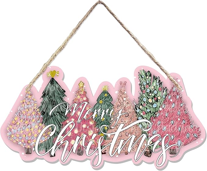 CGBHW Pink and Green Christmas Tree Wooden Sign, Merry Christmas Decoration Hanging Sign Wall Decor, Pink Christmas Holidays Theme for Home Office Girls College Dorm Door Decor 12 x 6 Inch