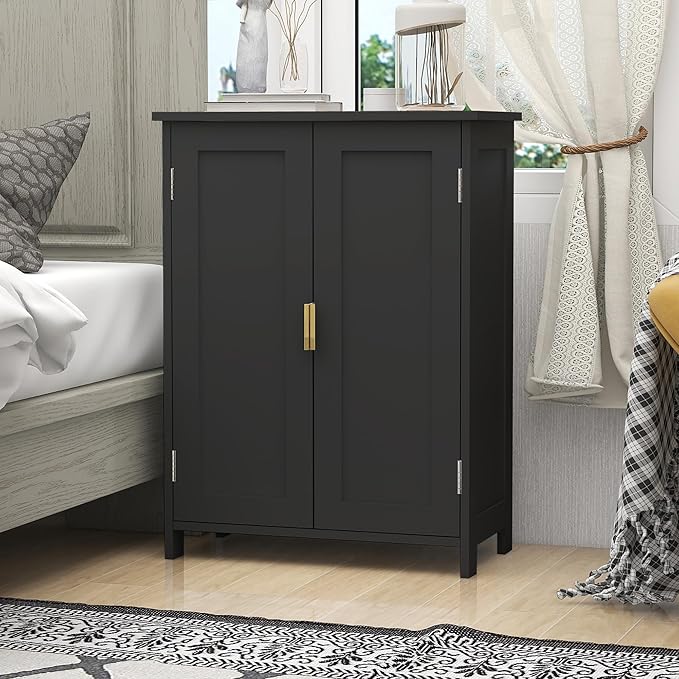 TaoHFE Black Freestanding Bathroom Cabinet with 2 Doors - Towel & Small Storage for Bathroom, Restroom, Office, Restaurant, Living Room