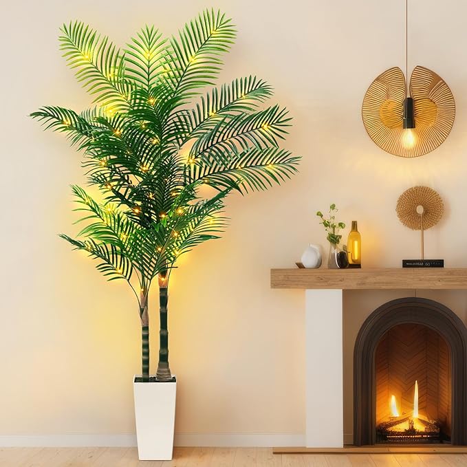7ft Artificial Golden Cane Palm Tree with LED Fairy Lights & White Tall Planter-Lifelike Faux Tropical Palm with Realistic Trunk and Palm Leaves for Indoor Home Office Living Room Corner Decor