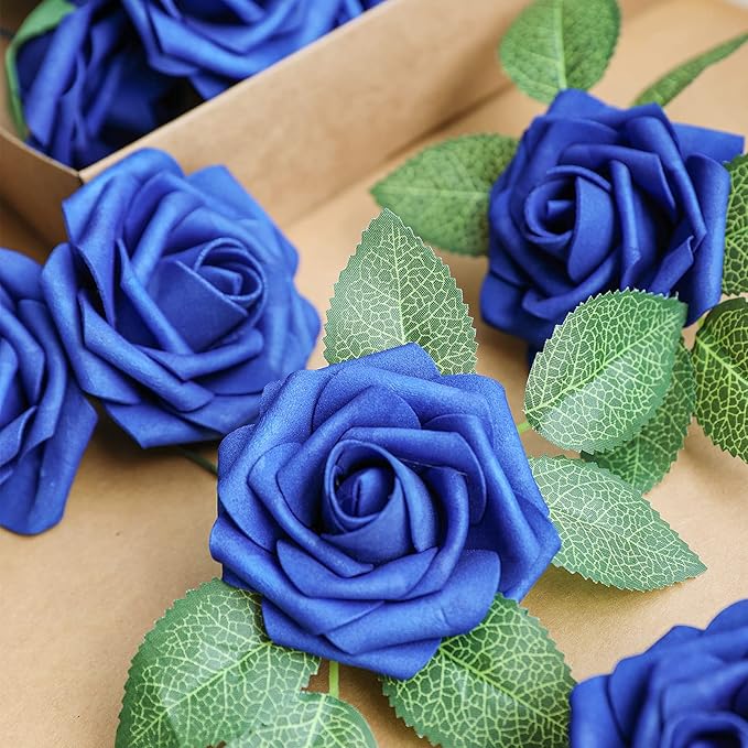 AmyHomie Artificial Flower Royal Blue Rose 25pcs Real Looking Fake Roses w/Stem for DIY Wedding Bouquets Centerpieces Arrangements Party Baby Shower Home Decorations