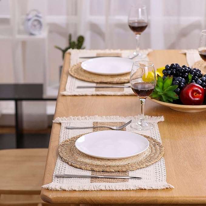 Handmade Boho Placemats Set of 4 - Natural Cotton Burlap and Water Straw Woven Combination Table Mats, Macrame Décor and Farmhouse Style Placemats, for Dining Table Kitchen